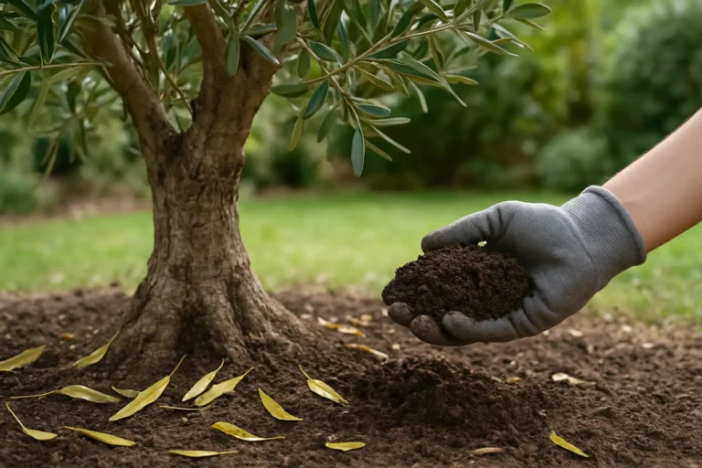 Olivier en pleine terre avec feuilles jaunies et tombantes au pied, motte de terre légèrement humide tenue par une main gantée