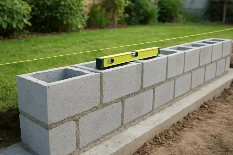 Muret de jardin en parpaing en cours de construction sur semelle béton
