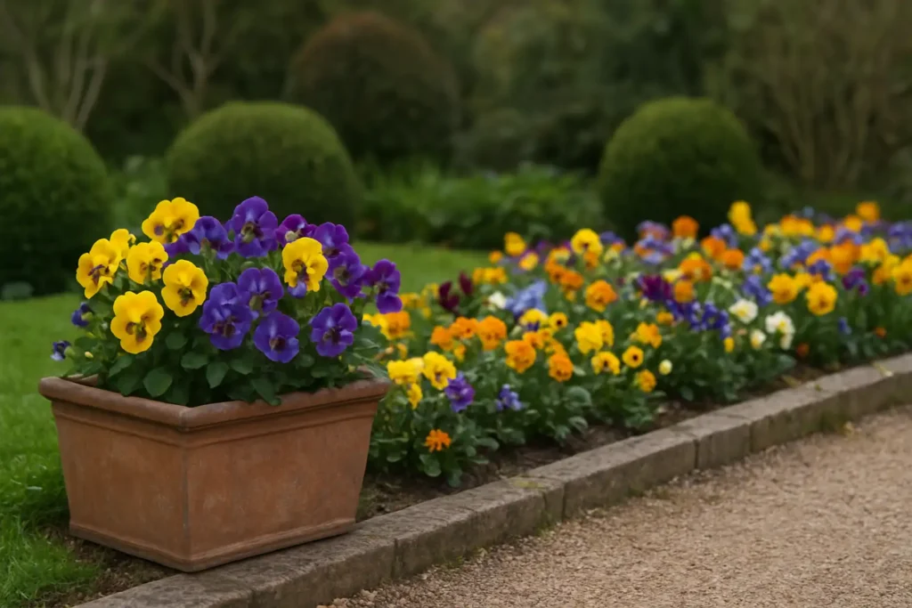 Jardinière et bordure de pensées colorées en fleurs dans un jardin