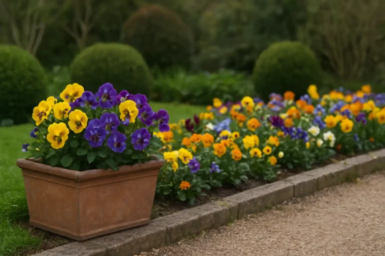 Jardinière et bordure de pensées colorées en fleurs dans un jardin