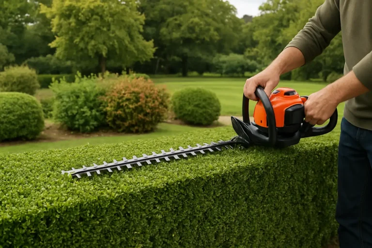 Taille d’une haie de jardin dans un jardin français