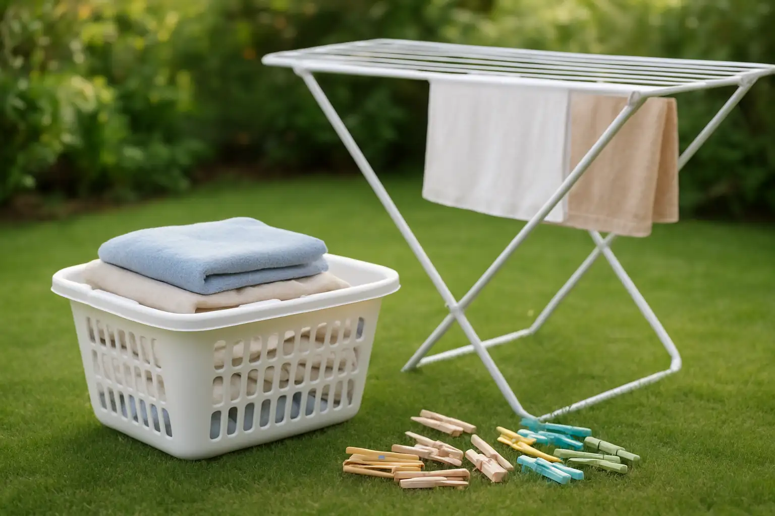 Panier à linge posé dans un jardin avec des pinces à linge en bois et en plastique à côté d’un étendoir extérieur