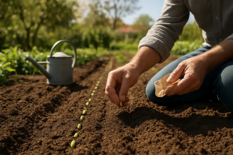Semis de haricots verts en pleine terre dans un potager au printemps