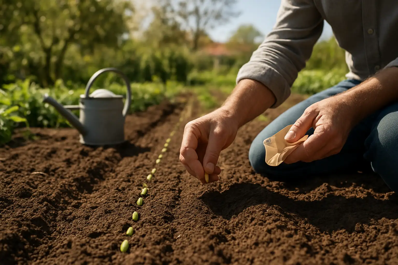 Semis de haricots verts en pleine terre dans un potager au printemps