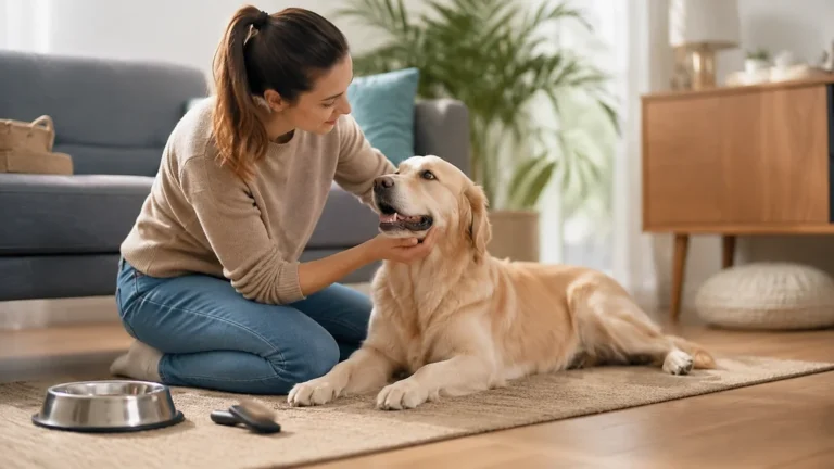 Femme prenant soin de son chien dans un salon, illustration des bons réflexes pour protéger la santé de son animal.