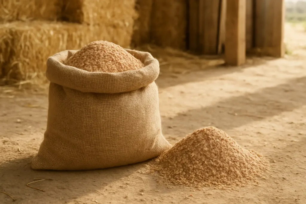 Sac de son de blé ouvert avec un tas d’aliment pour animaux