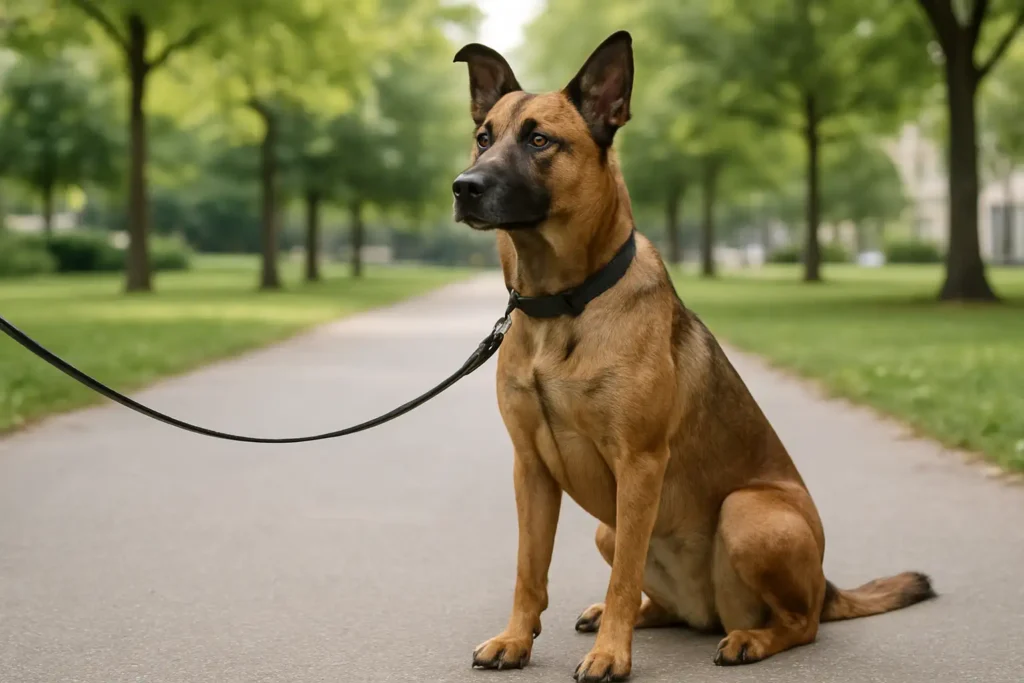 Chien staff croisé malinois au physique athlétique dans un parc, en posture calme et attentive.