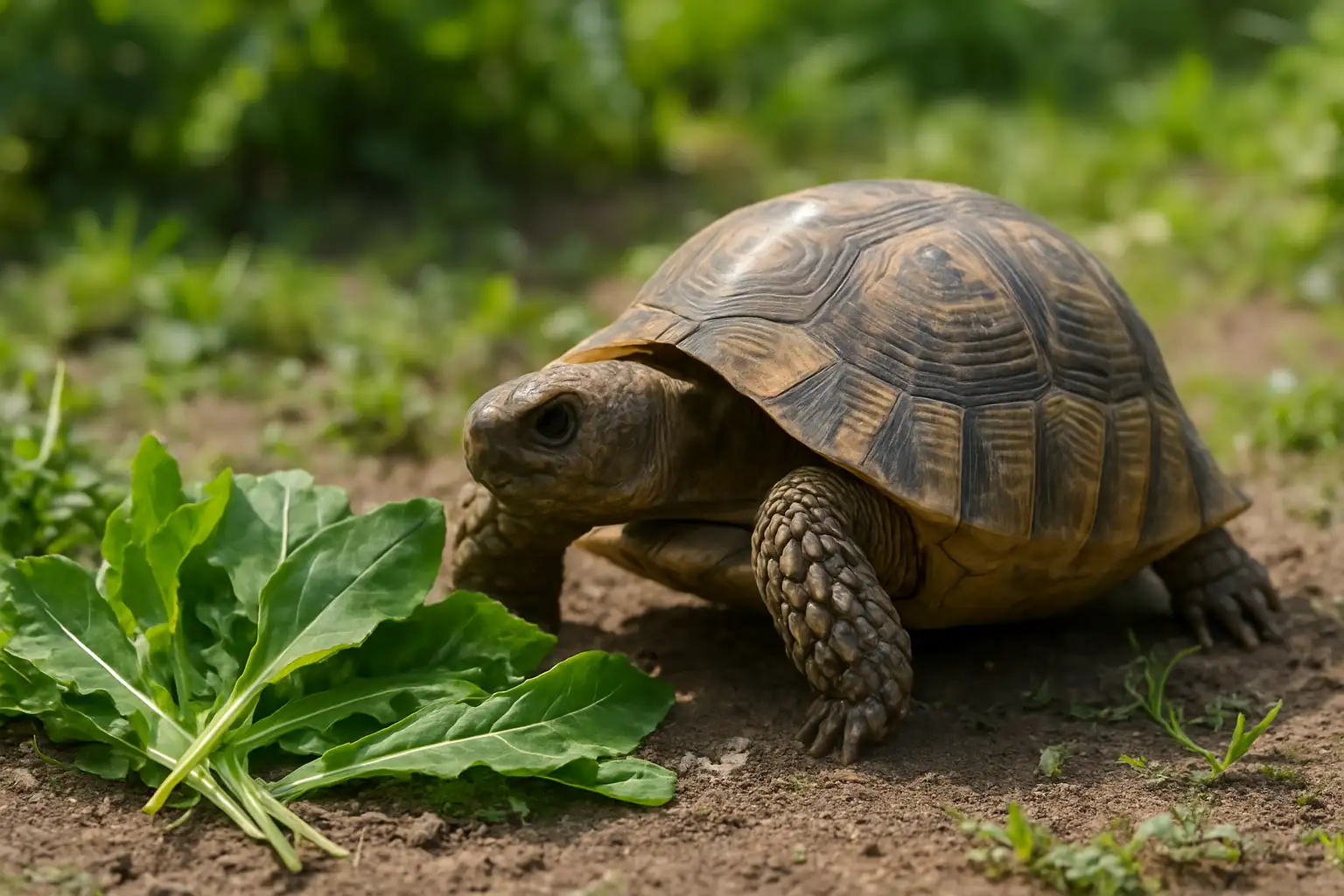 Tortue de terre près de plantes comestibles comme le pissenlit et le plantain