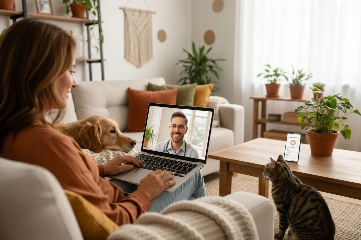 Propriétaire d’animaux en téléconsultation vétérinaire depuis son salon avec un chien et un chat.
