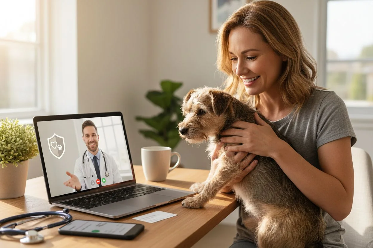 Femme tenant son chien pendant un téléconseil vétérinaire en visioconférence sur ordinateur.