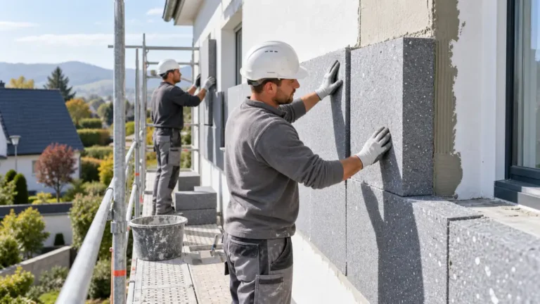 Deux artisans posant des panneaux d’isolation thermique sur la façade d’une maison