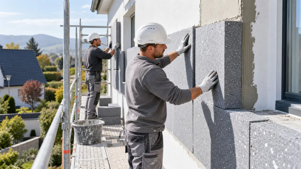 Deux artisans posant des panneaux d’isolation thermique sur la façade d’une maison