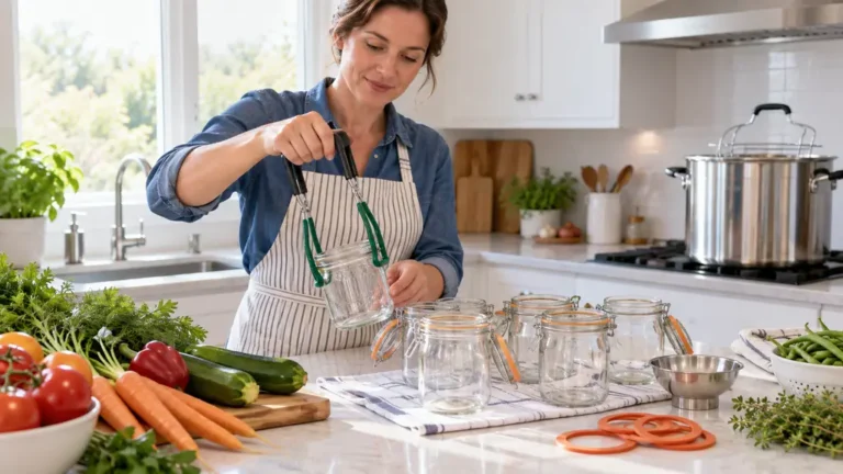 Préparation de bocaux à stériliser avec des joints neufs et des légumes frais