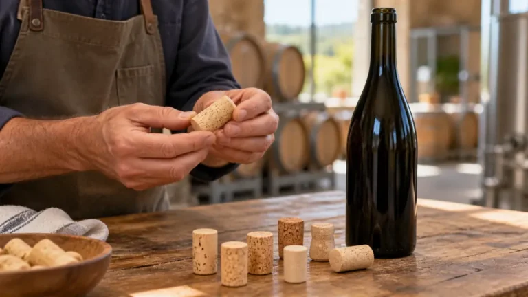 Professionnel examinant différents bouchons de liège à côté d’une bouteille de vin