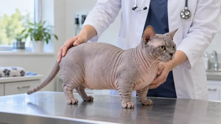 Chat nu au corps compact et aux pattes courtes examiné calmement par un vétérinaire