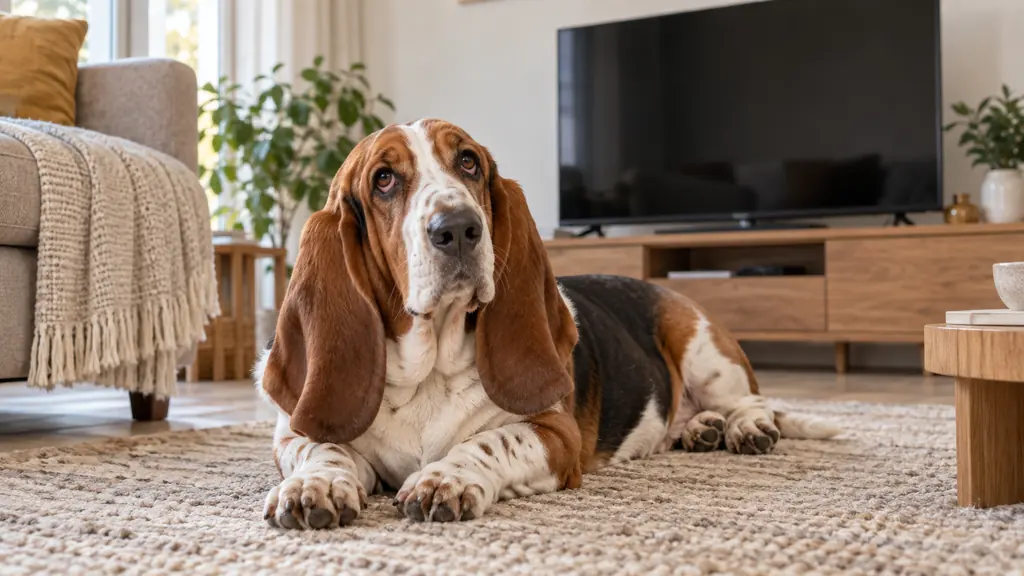 Basset Hound tricolore aux longues oreilles couché devant un téléviseur dans un salon