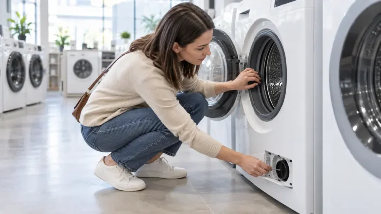 Cliente inspectant le joint et le filtre accessible d’un lave-linge avant achat