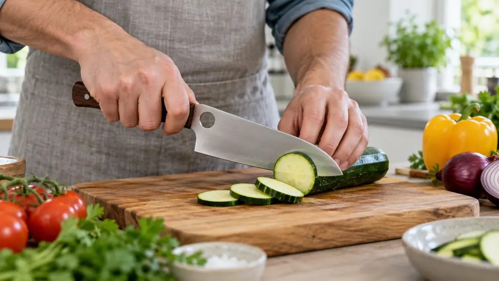 Couteau de cuisine à lame large et manche en bois découpant une courgette