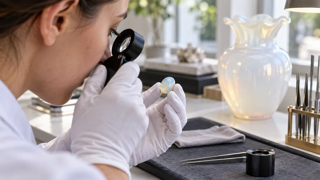 Gemmologue examinant une opale devant un vase en verre opalin