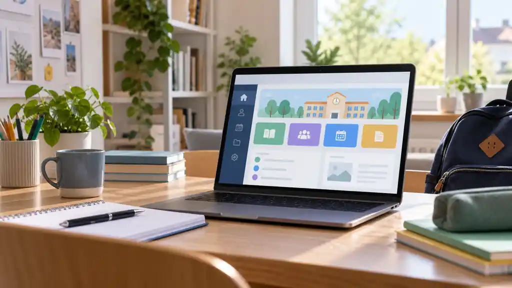 Ordinateur portable affichant un portail scolaire sur un bureau avec cahier et sac d’école
