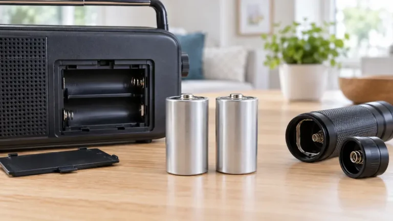 Deux piles cylindriques de format C devant une radio et une lampe torche ouvertes