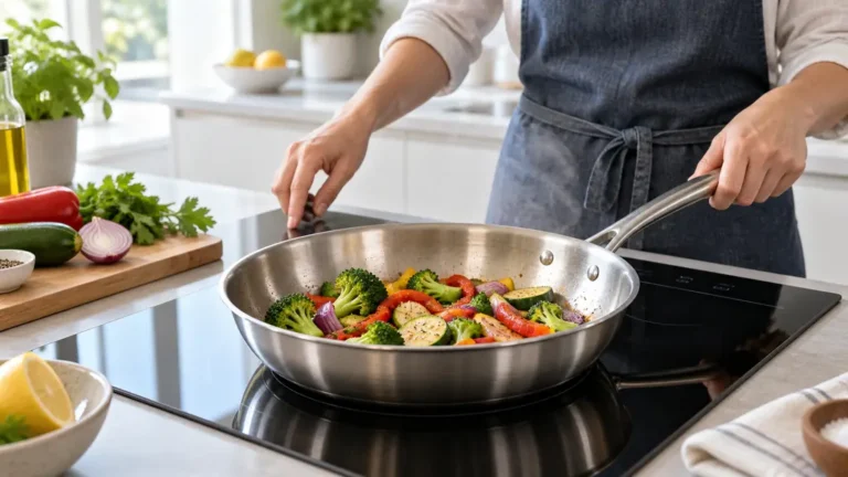 Poêle en inox faisant revenir des légumes sur une plaque à induction