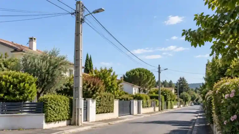 Poteau électrique en béton et lignes aériennes dans une rue résidentielle