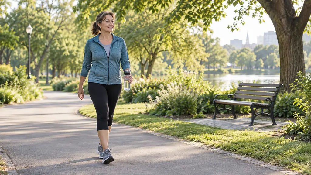 Femme d’âge moyen reprenant l’activité physique par une marche dynamique dans un parc