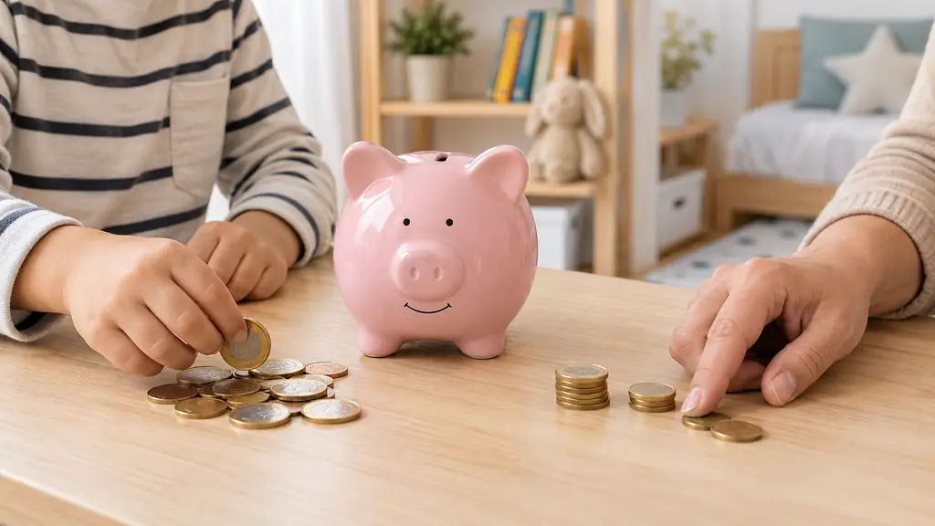 Enfant et adulte triant des pièces en euros devant une tirelire cochon rose