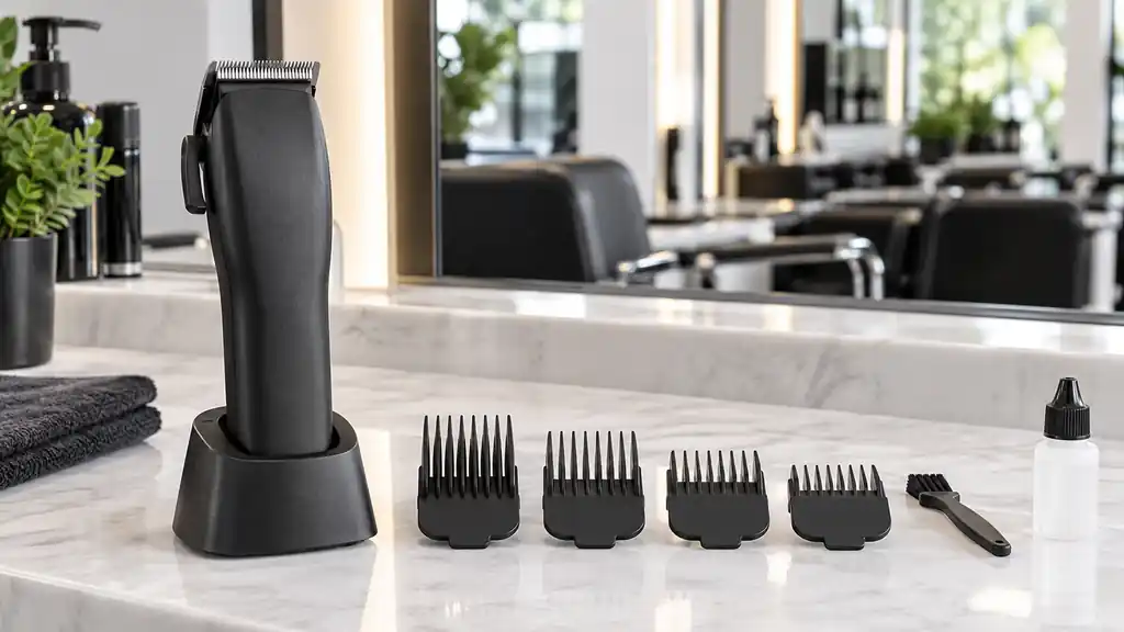 Tondeuse professionnelle noire avec quatre sabots, une brosse et un flacon d’huile dans un salon