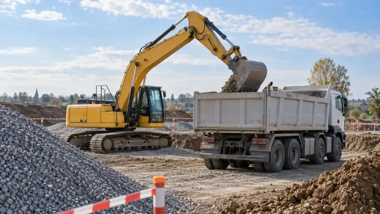 Pelle mécanique chargeant des granulats dans un camion-benne sur un chantier de travaux publics