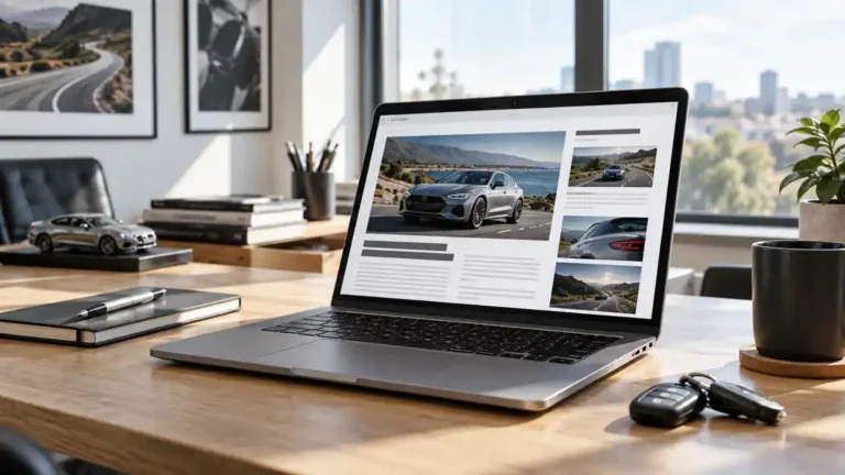 Ordinateur portable affichant un magazine automobile en ligne sur un bureau avec des clés de voiture