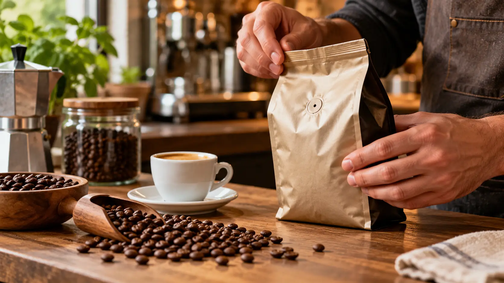 Sachet de café en grain avec valve de fraîcheur, tasse d’espresso et grains de café sur un comptoir en bois.