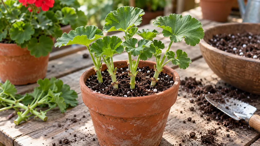 Boutures de géranium plantées dans un petit pot de terreau