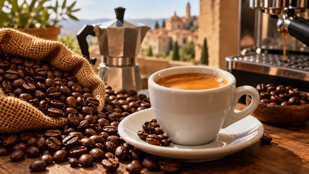Tasse d’espresso italien entourée de grains de café torréfiés avec cafetière moka en arrière-plan.