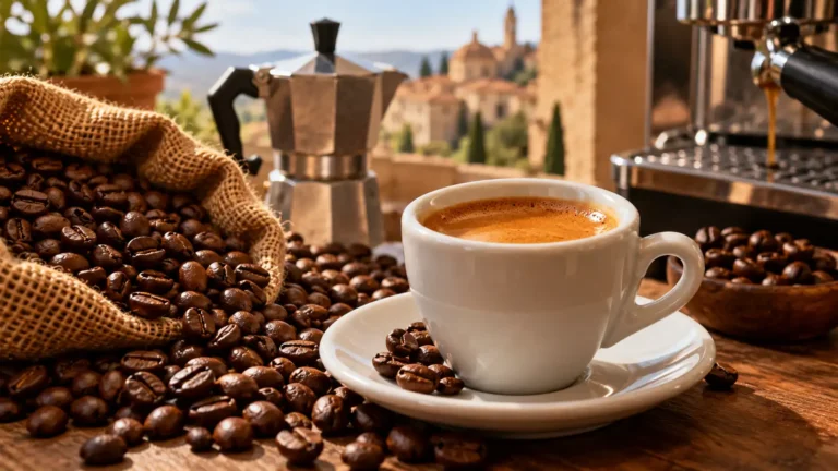 Tasse d’espresso italien entourée de grains de café torréfiés avec cafetière moka en arrière-plan.
