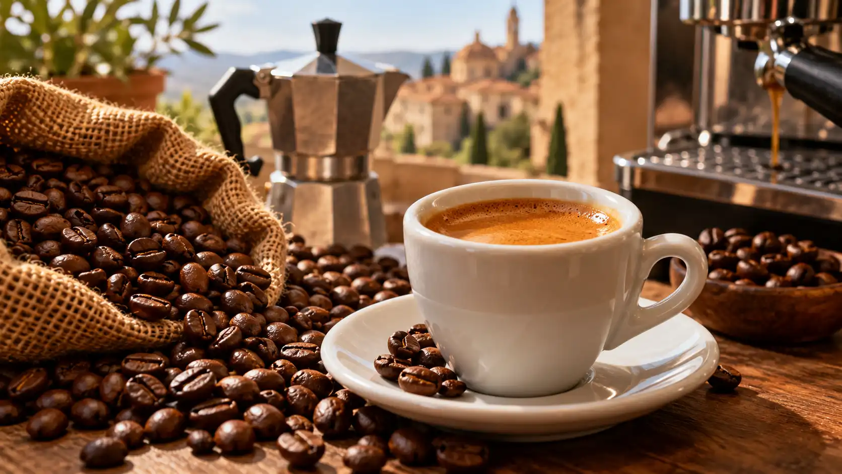 Tasse d’espresso italien entourée de grains de café torréfiés avec cafetière moka en arrière-plan.