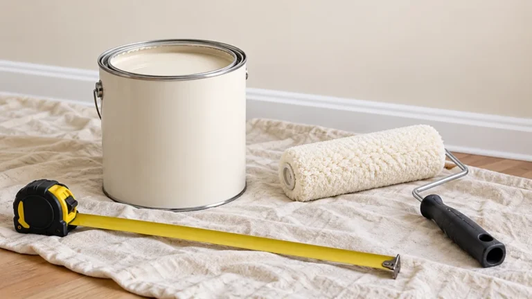 Pot de peinture ouvert et rouleau devant un mur à peindre, mètre ruban au premier plan
