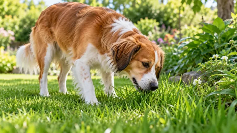 Chien qui broute de l'herbe dans un jardin
