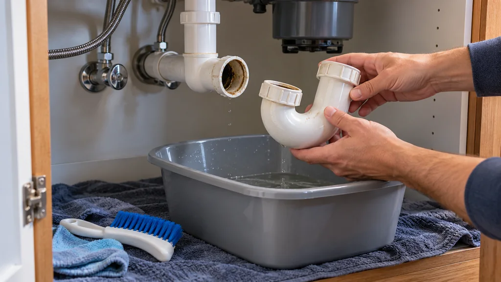 Siphon d'évier démonté au-dessus d'une bassine pour le nettoyer