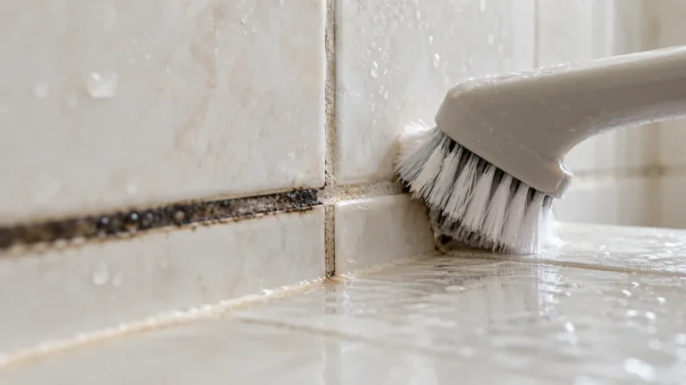 Brosse à joints nettoyant un joint de carrelage noirci dans une douche