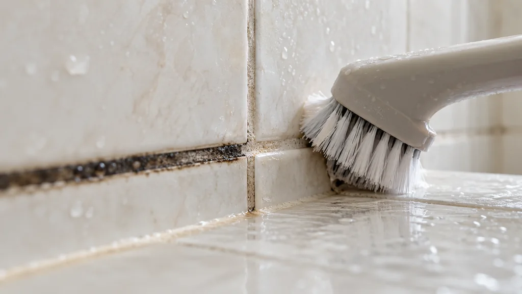 Brosse à joints nettoyant un joint de carrelage noirci dans une douche