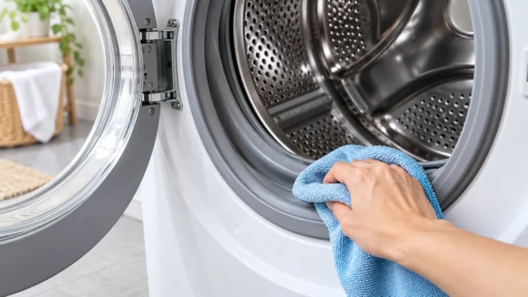 Joint de hublot d'un lave-linge nettoyé avec un chiffon