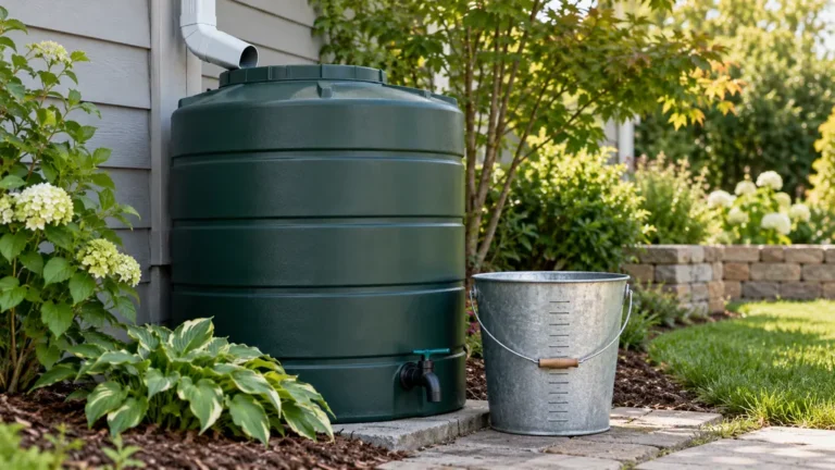 Cuve d'eau de récupération dans un jardin, avec un seau gradué à côté