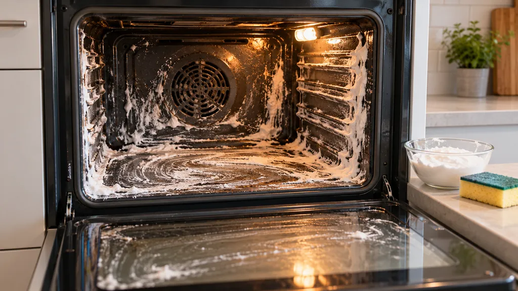 Intérieur d'un four traité avec une pâte de bicarbonate avant nettoyage