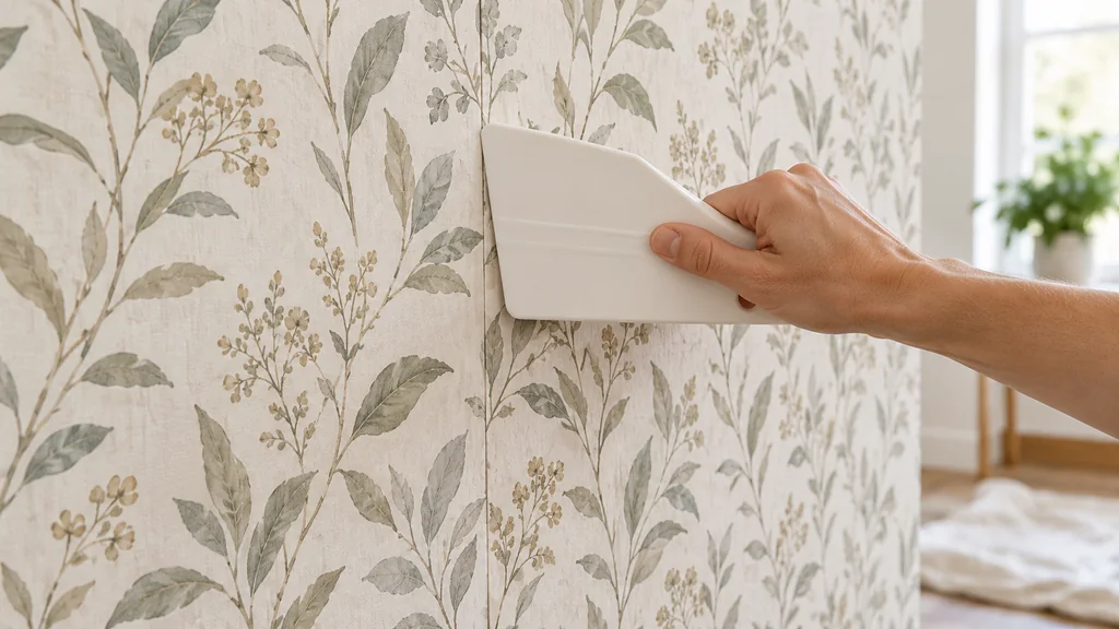 Lé de papier peint lissé contre un mur avec une spatule