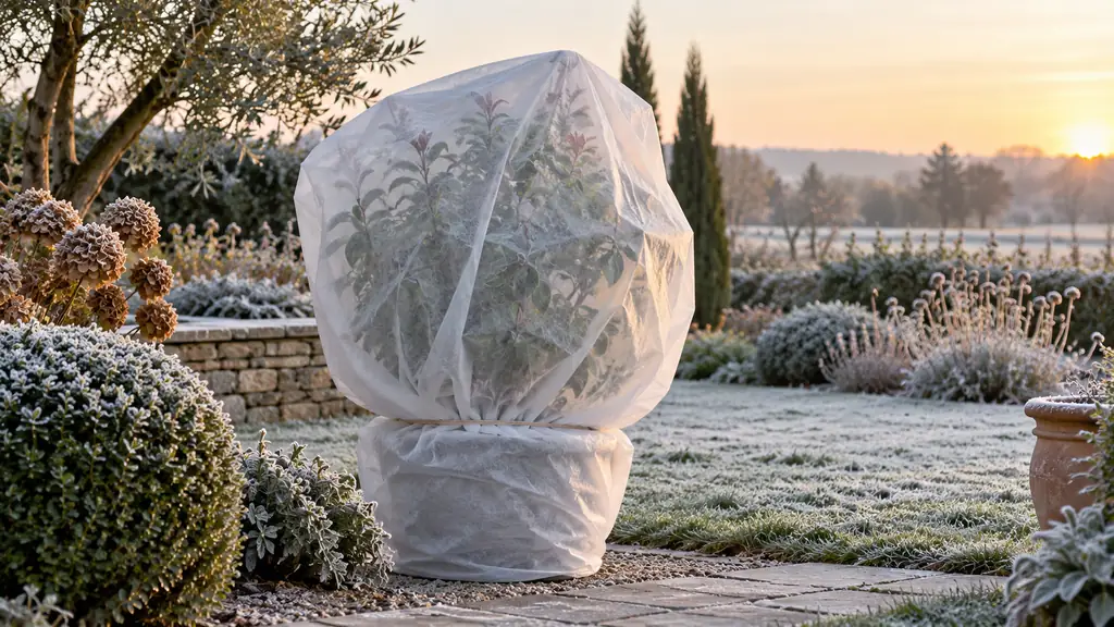Arbuste recouvert d'un voile d'hivernage blanc dans un jardin au petit matin