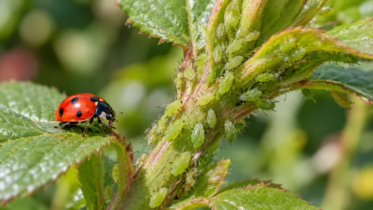 Colonie de pucerons verts sur une tige avec une coccinelle à proximité