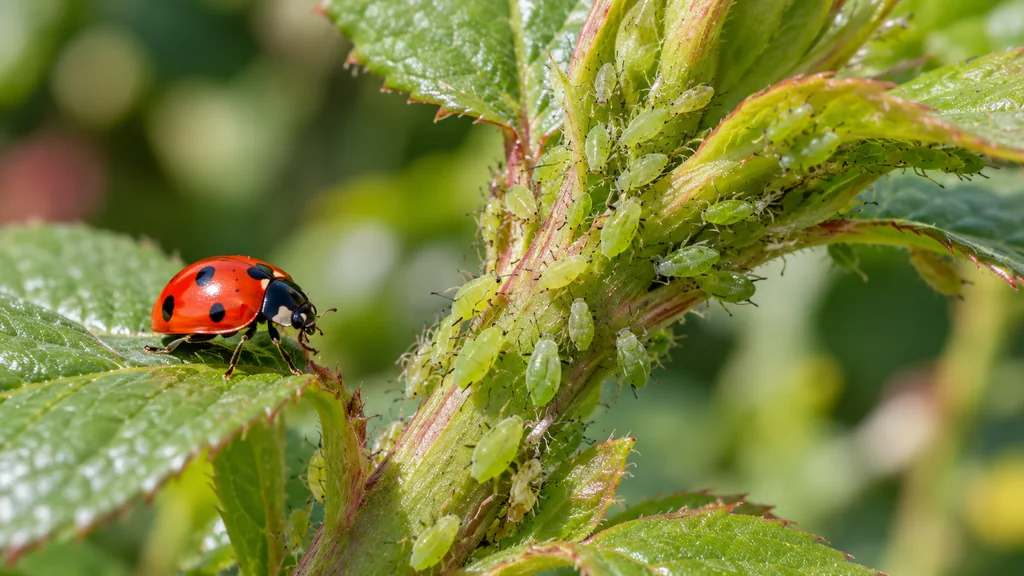 Colonie de pucerons verts sur une tige avec une coccinelle à proximité