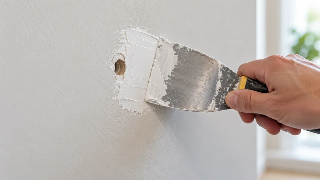 Couteau à enduire appliquant de l'enduit sur un petit trou dans un mur